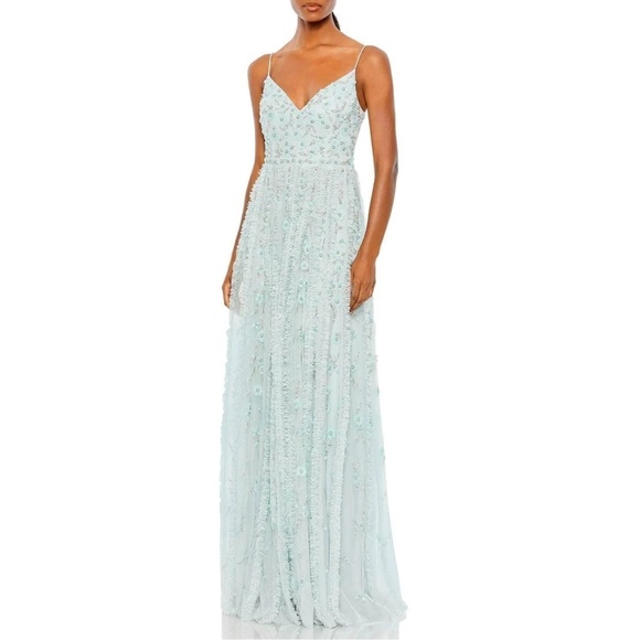 NWT Mac Duggal 9166 V-Neck Ruffled Embellished Gown in Seamiest Sz. 16 - Picture 3 of 5